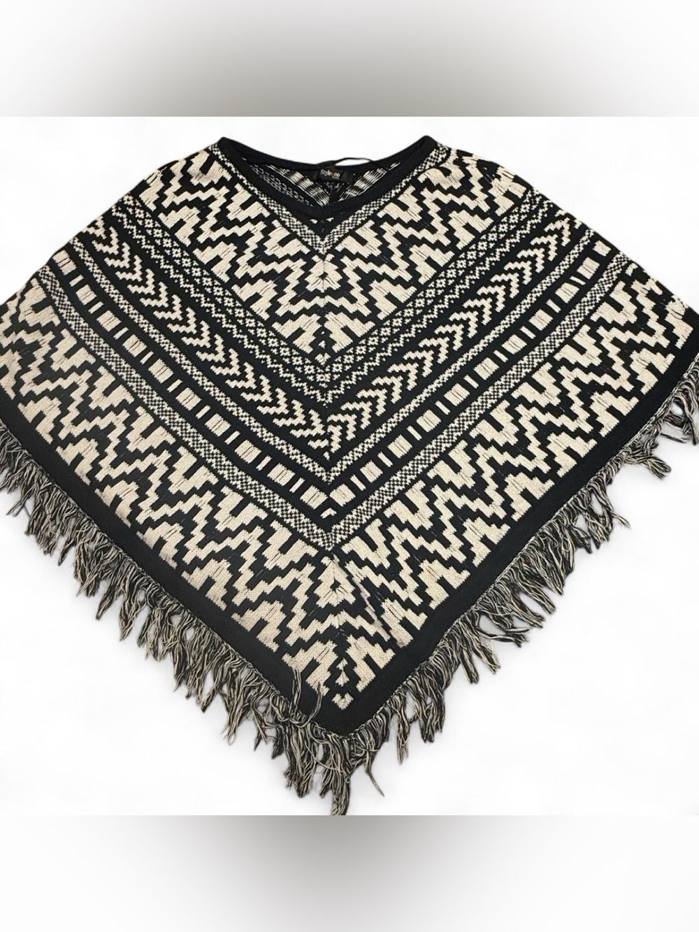 Black & White Patterned Fringe Poncho Sweater